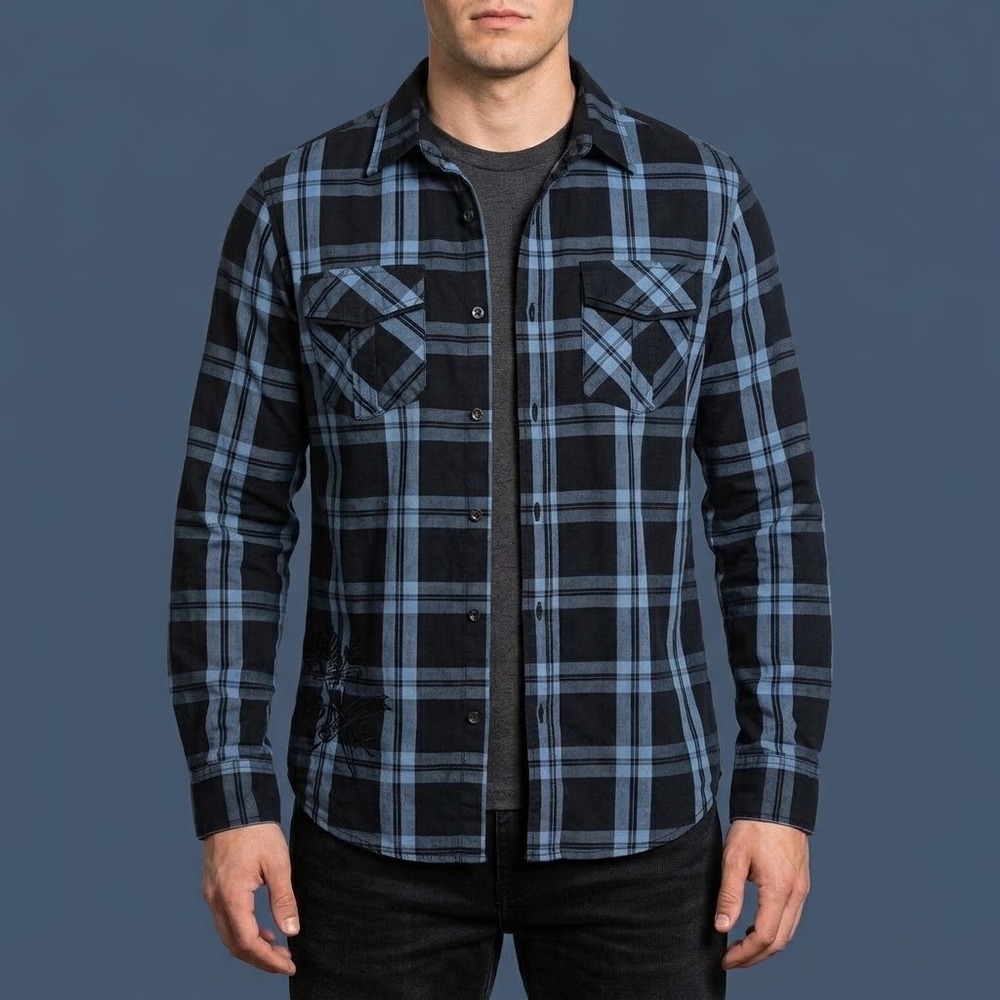 MMA‎ Elite Shirt Mens Medium Blue Black Plaid Embroidered Rose Dagger EUC